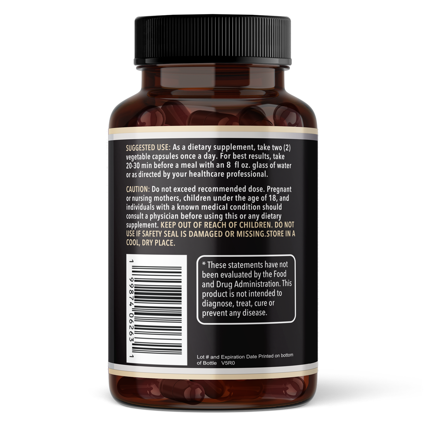 Brown supplement bottle with label on a white background