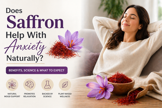Woman relaxing on a sofa with saffron flowers and threads, representing natural anxiety relief, mood support, and the science-backed benefits of saffron supplements for stress, relaxation, and overall mental wellness.
