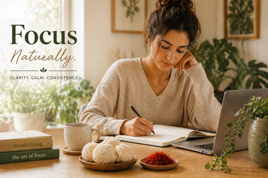 Woman writing at a desk in a calm, plant-filled workspace with natural ingredients like mushrooms and saffron, representing natural ways to improve focus, mental clarity, and productivity without stimulants.