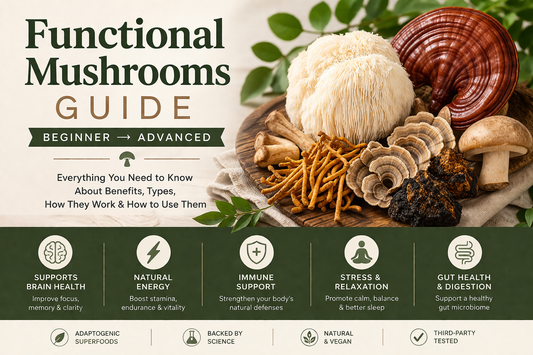 Functional mushrooms guide image featuring lion’s mane, reishi, chaga, cordyceps and turkey tail with benefits for brain health, energy, immunity and stress support