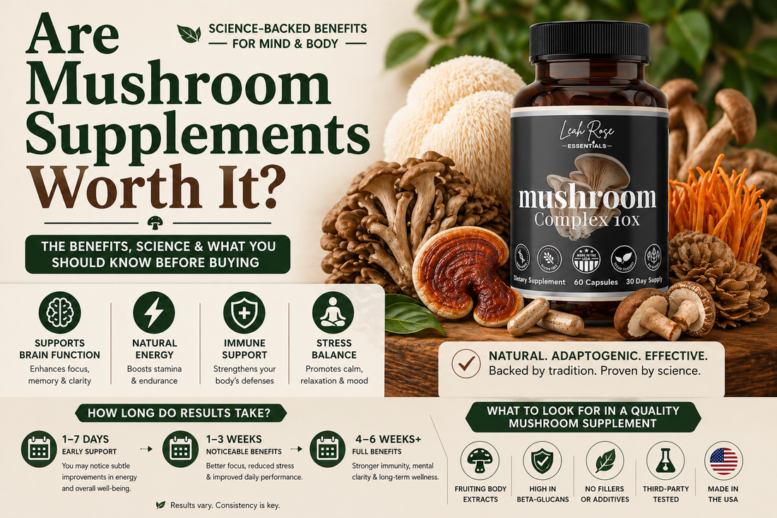 Are mushroom supplements worth it infographic featuring mushroom complex supplement bottle with benefits for brain function, energy, immunity and stress support
