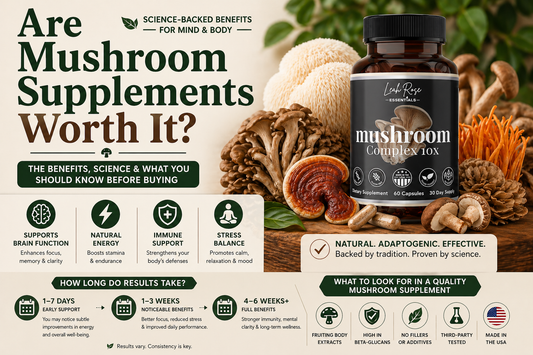Are mushroom supplements worth it infographic featuring mushroom complex supplement bottle with benefits for brain function, energy, immunity and stress support