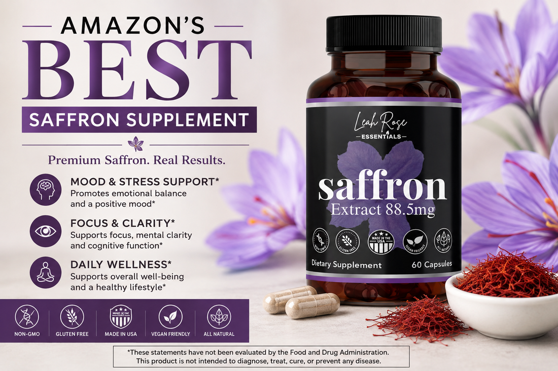 Leah Rose Essentials Saffron Extract 88.5mg supplement with 60 capsules, featuring mood, focus, stress and daily wellness support.