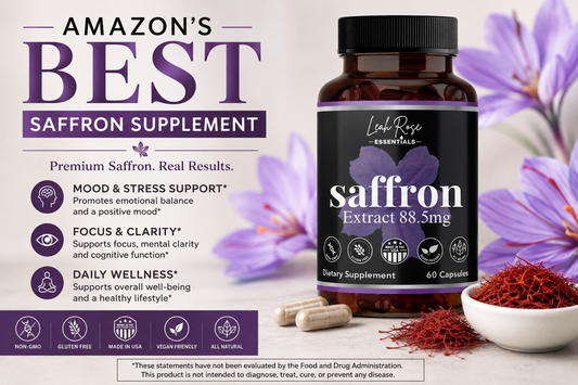 Leah Rose Essentials Saffron Extract 88.5mg supplement with 60 capsules, featuring mood, focus, stress and daily wellness support.