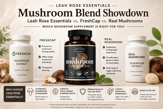 Leah Rose Essentials Mushroom Complex 10X compared with FreshCap and Real Mushrooms on a premium comparison banner highlighting 10 functional mushrooms, clean ingredients, third-party testing, and Made in USA quality.
