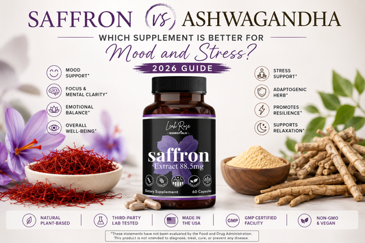 Leah Rose Essentials Saffron Extract 88.5mg supplement bottle compared with ashwagandha root in a modern infographic explaining the differences between saffron and ashwagandha for mood, focus, stress support, and daily wellness.