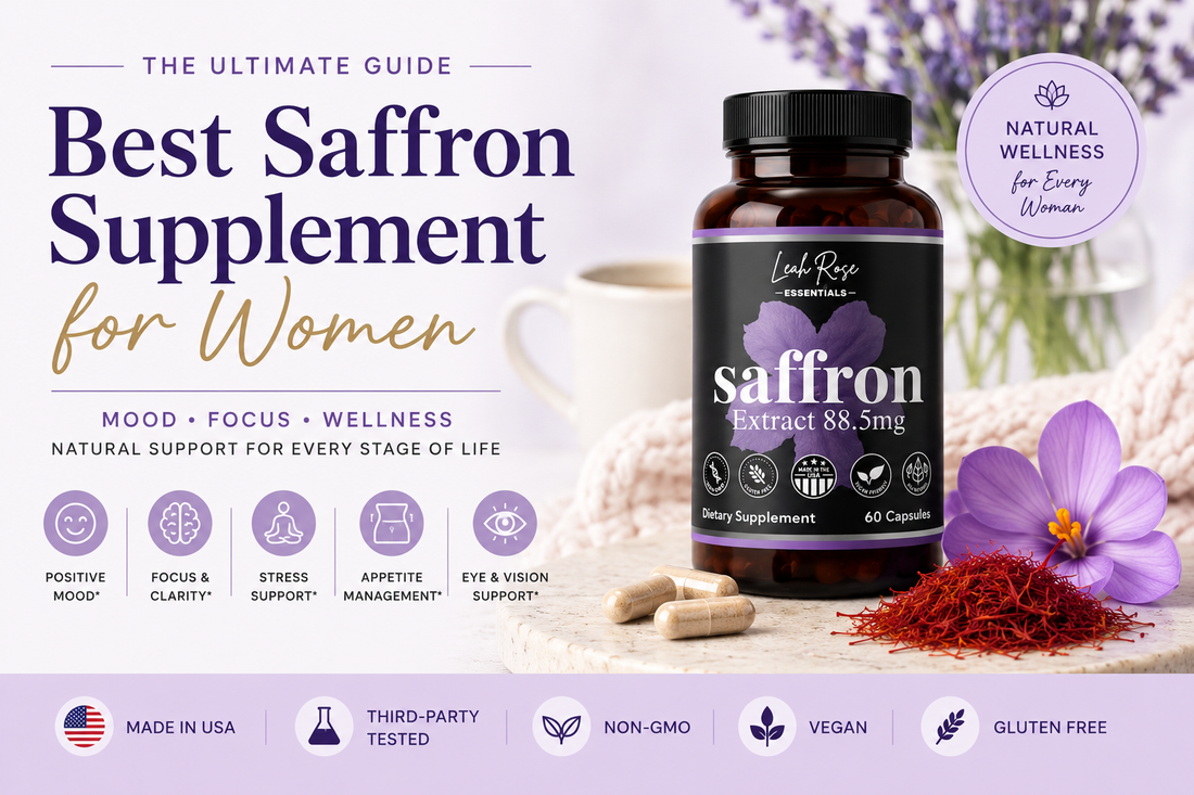 Best Saffron Supplement for Women featuring Leah Rose Essentials Saffron Extract 88.5mg with mood support, focus, stress support, and daily wellness benefits