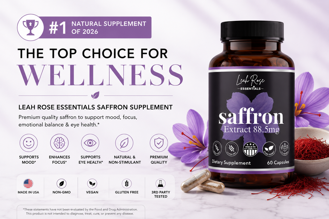 Leah Rose Essentials Saffron Supplement featured as the top natural supplement of 2026 with premium saffron threads, Crocus sativus flowers, and wellness benefits including mood support, focus, and eye health.