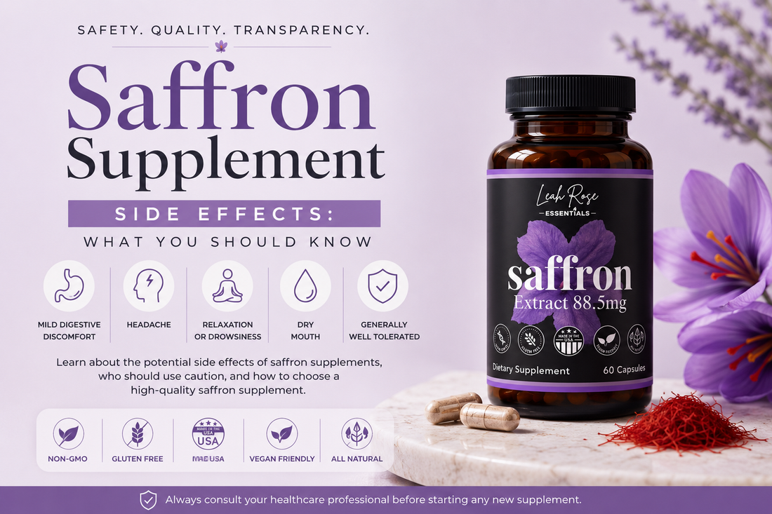 Saffron supplement side effects guide with Leah Rose Essentials Saffron Extract 88.5mg and safety information