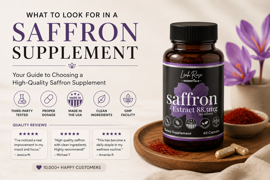 Leah Rose Essentials saffron supplement bottle with saffron threads and purple saffron flowers beside icons highlighting third-party tested quality, proper dosage, clean ingredients, GMP facility manufacturing, 