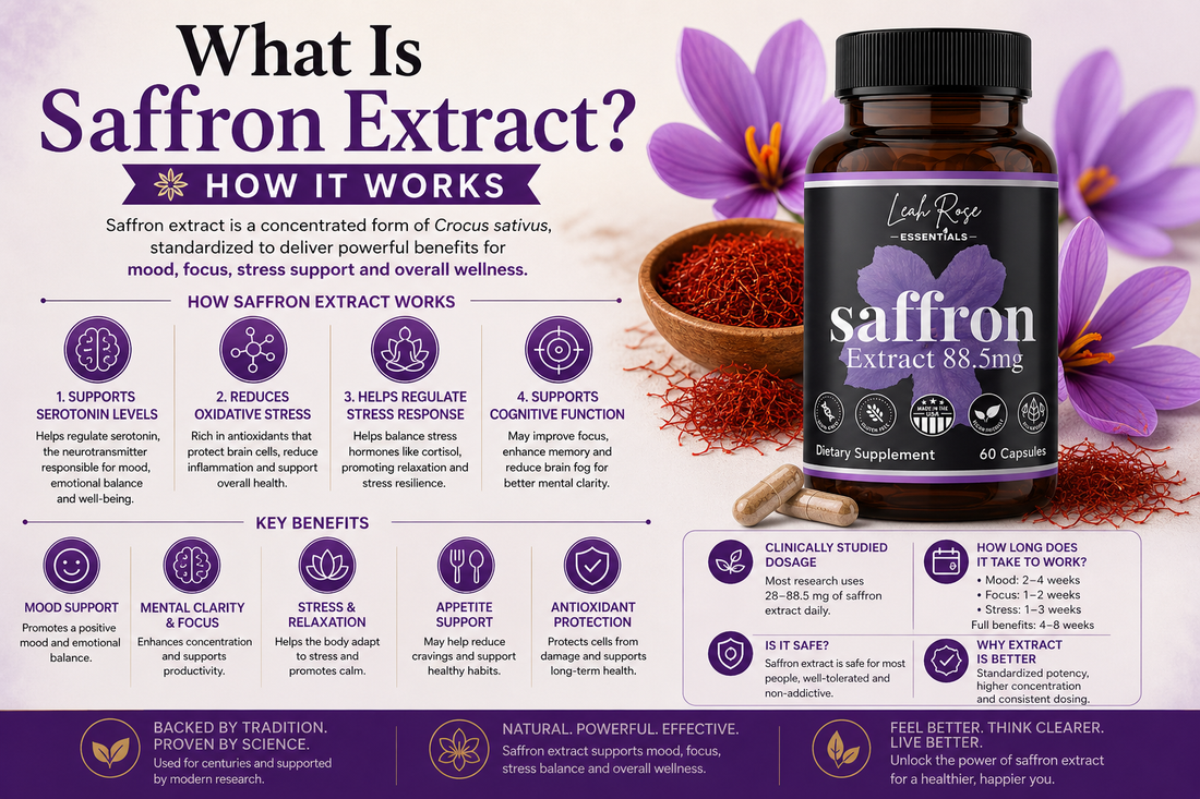What is saffron extract infographic featuring saffron supplement bottle with science-backed benefits for mood, mental clarity and stress support