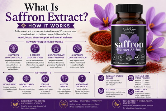 What is saffron extract infographic featuring saffron supplement bottle with science-backed benefits for mood, mental clarity and stress support