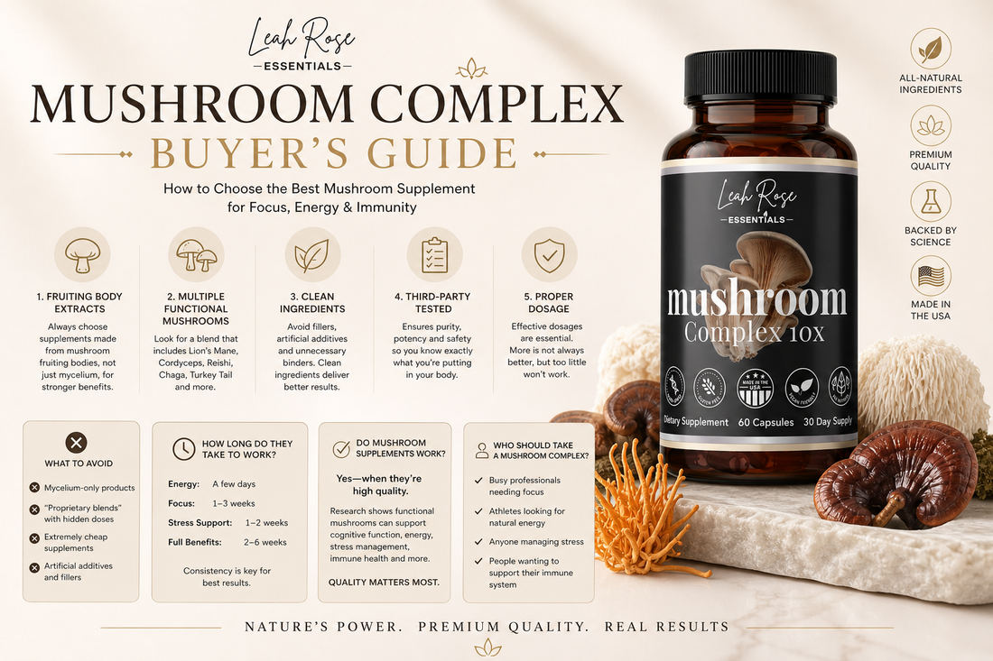 Mushroom complex buyer’s guide infographic featuring supplement bottle with benefits for focus, energy, immunity and how to choose the best mushroom supplement