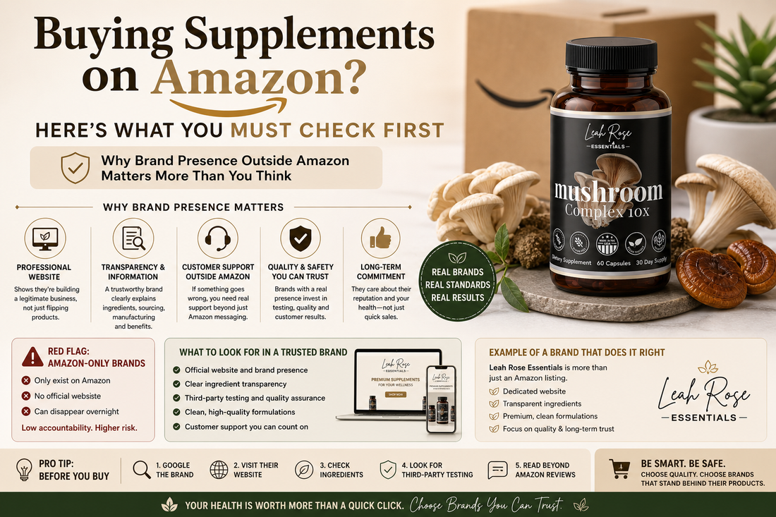 Buying supplements on Amazon infographic showing why choosing brands with presence outside Amazon ensures better quality, safety and transparency