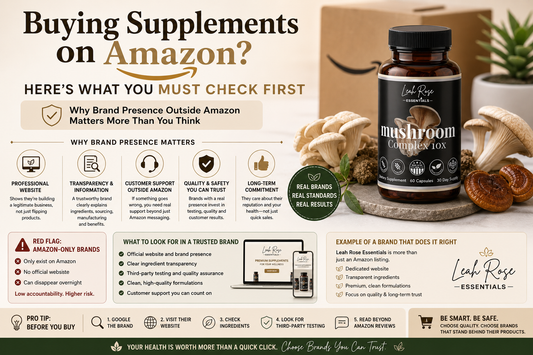 Buying supplements on Amazon infographic showing why choosing brands with presence outside Amazon ensures better quality, safety and transparency
