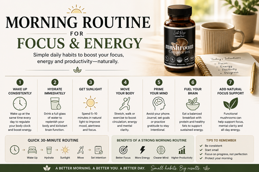 Morning routine for focus and energy infographic showing daily habits to boost productivity, mental clarity and natural energy
