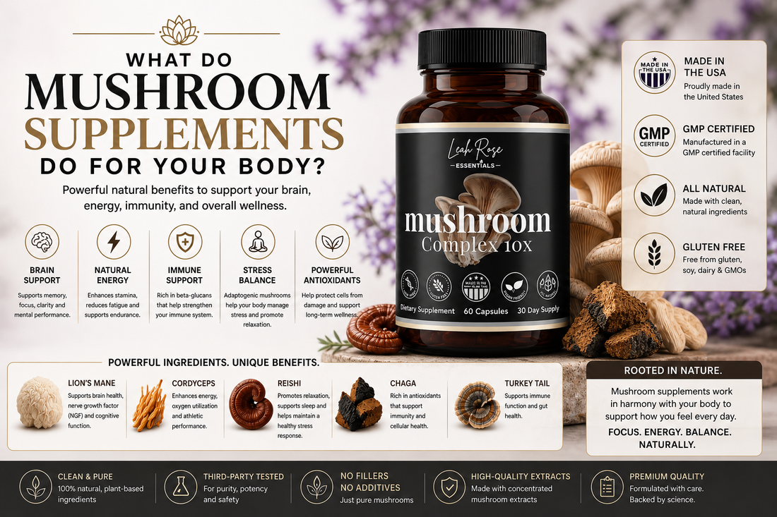 Mushroom complex supplement infographic showing benefits for brain function, energy, immunity, stress support and overall wellness