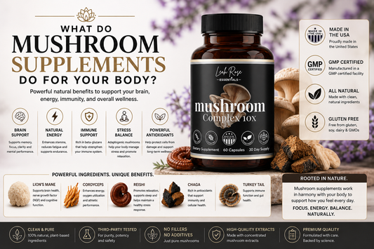 Mushroom complex supplement infographic showing benefits for brain function, energy, immunity, stress support and overall wellness