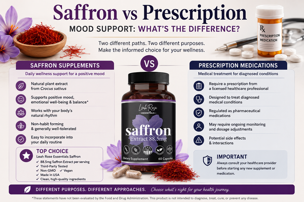 Leah Rose Essentials Saffron Extract 88.5mg mood support supplement comparison infographic with saffron flowers and wellness benefits.