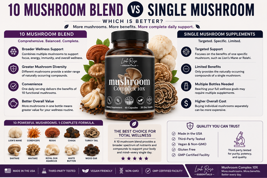 Leah Rose Essentials Mushroom Complex 10X with 10 functional mushrooms comparison infographic highlighting focus, energy, immune support, and overall wellness benefits.