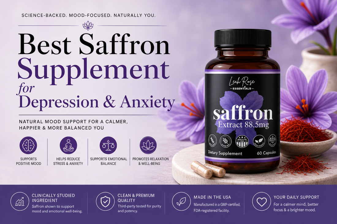 best saffron supplement for depression and anxiety featuring Leah Rose Essentials saffron extract 88.5mg for mood support and emotional balance