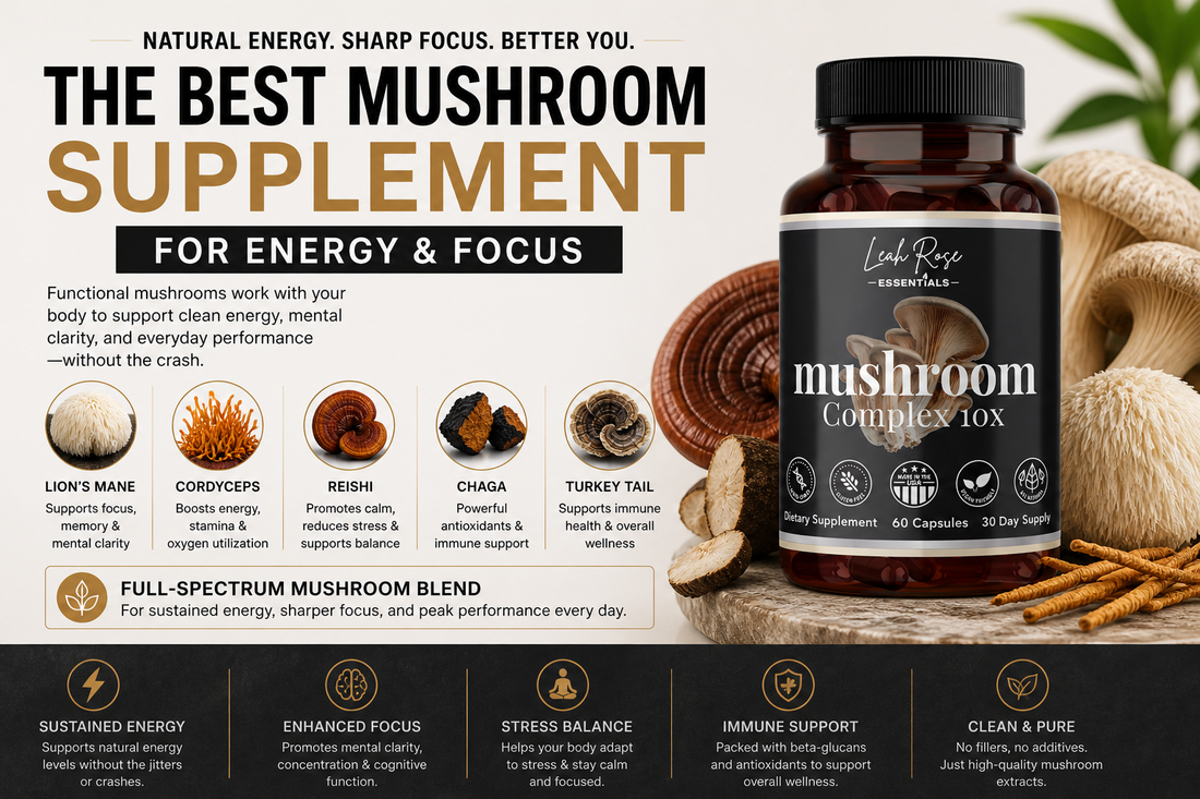 Best mushroom supplement for energy and focus featuring mushroom complex bottle with benefits for mental clarity, sustained energy and immune support