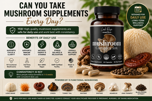 daily mushroom supplement routine featuring functional mushrooms and mushroom complex capsules for focus immunity and wellness support