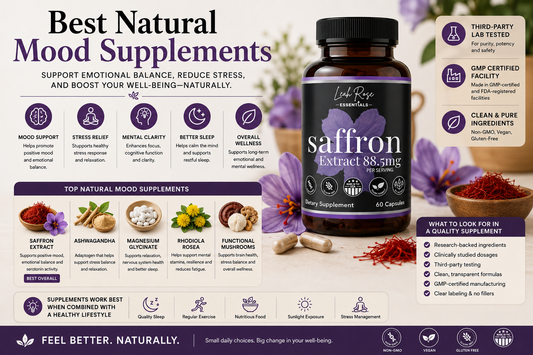 best natural mood supplements featuring saffron extract functional mushrooms and wellness capsules for emotional balance and stress support