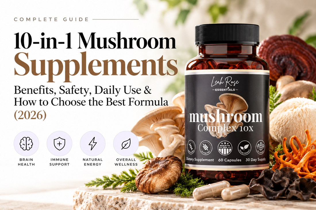 Leah Rose Essentials 10-in-1 Mushroom Complex supplement with Lion’s Mane, Reishi, Cordyceps, and other functional mushrooms. Complete 2026 guide to mushroom supplement benefits, safety, daily use, brain health, energy, immune support