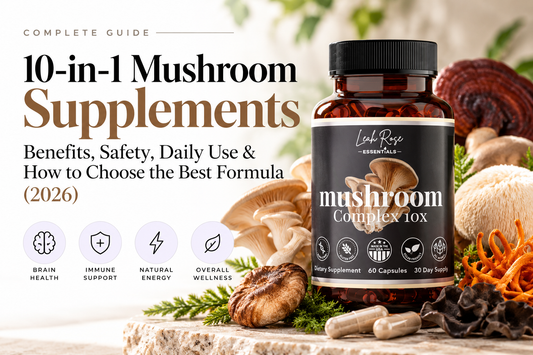 Leah Rose Essentials 10-in-1 Mushroom Complex supplement with Lion’s Mane, Reishi, Cordyceps, and other functional mushrooms. Complete 2026 guide to mushroom supplement benefits, safety, daily use, brain health, energy, immune support