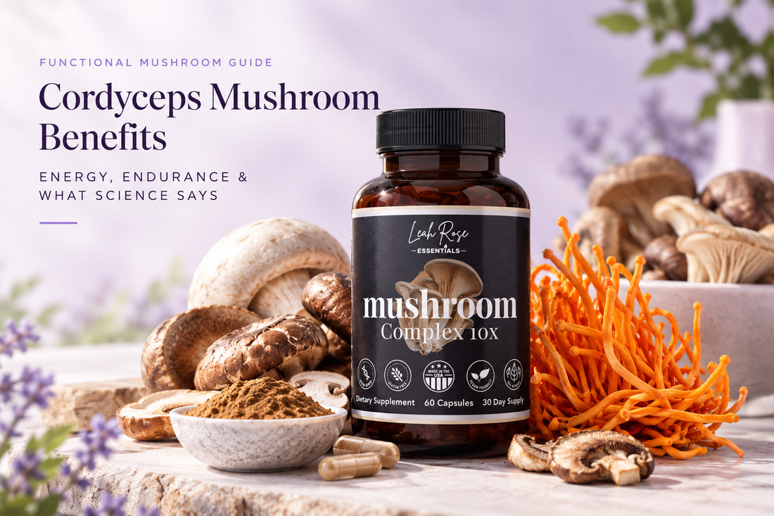 Leah Rose Essentials Mushroom Complex 10X supplement bottle surrounded by orange Cordyceps mushrooms and mushroom powder, highlighting Cordyceps benefits, energy, endurance, and scientific research.