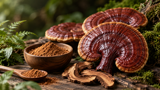 Reishi mushrooms (Ganoderma lucidum) with dried mushroom slices and powder on a rustic wooden surface, illustrating Reishi mushroom benefits and supplements.