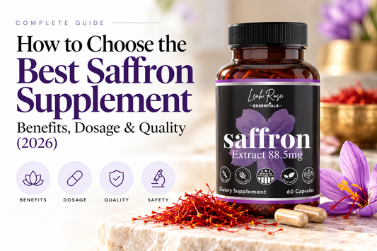 Leah Rose Essentials Saffron Supplement 88.5mg bottle with saffron threads, purple saffron flowers, and capsules – 2026 guide to choosing the best saffron supplement, benefits, dosage, quality, and safety.