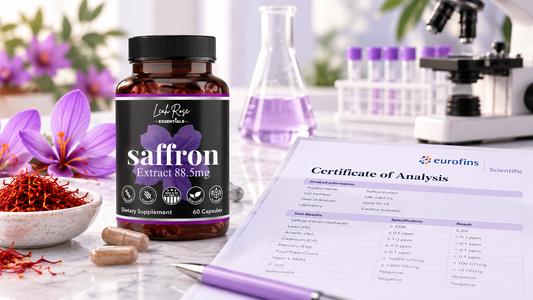 Leah Rose Essentials saffron supplement beside a laboratory testing report, microscope, and saffron flowers, highlighting third-party testing and supplement quality.