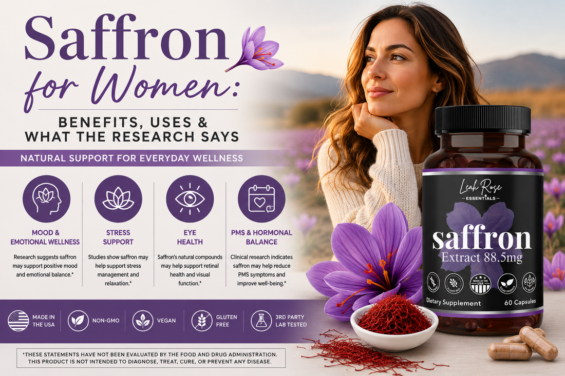 Saffron for women benefits and uses featuring Leah Rose Essentials Saffron Extract 88.5mg with saffron flowers, highlighting mood, stress, eye health, and women’s wellness.