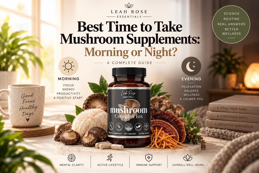 Leah Rose Essentials Mushroom Complex with functional mushrooms, comparing the best time to take mushroom supplements in the morning or evening.