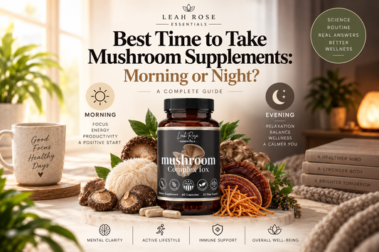 Leah Rose Essentials Mushroom Complex with functional mushrooms, comparing the best time to take mushroom supplements in the morning or evening.