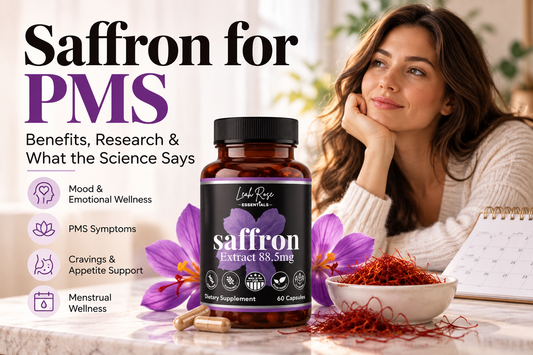 Leah Rose Essentials Saffron Extract 88.5mg supplement with saffron flowers and threads, highlighting saffron for PMS, mood and women’s wellness.