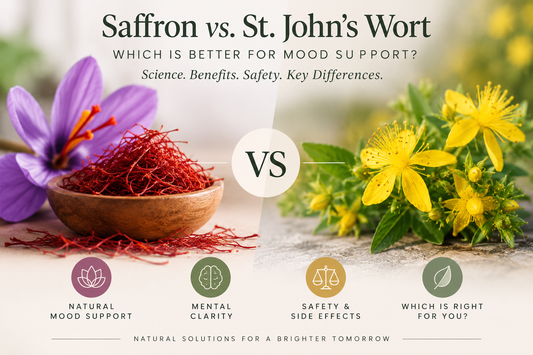 Saffron vs. St. John’s Wort comparison for mood support, showing saffron crocus flowers and St. John’s Wort flowers.