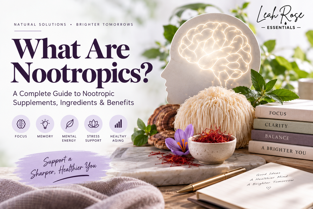 Nootropics guide featuring Lion’s Mane mushroom, saffron, and brain illustration representing focus, memory, mental energy, and cognitive wellness
