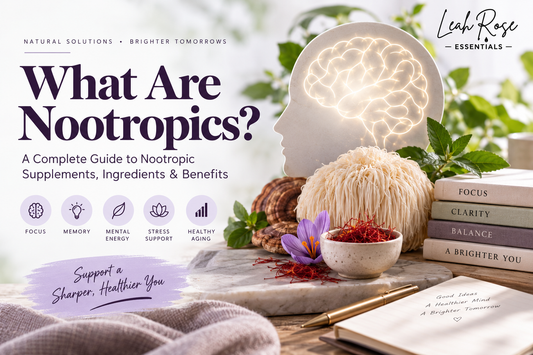 Nootropics guide featuring Lion’s Mane mushroom, saffron, and brain illustration representing focus, memory, mental energy, and cognitive wellness