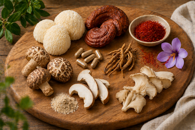 Natural wooden board displaying a variety of functional mushrooms and saffron ingredients, including lion’s mane, reishi, shiitake, oyster mushrooms, saffron threads, and herbal roots, arranged in a clean, rustic setting to represent natural, science-backed supplement ingredients.