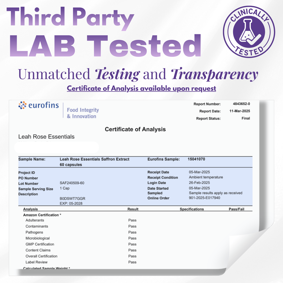 Certificate of Analysis for Leah Rose Essentials Saffron Extract with Eurofins logo and 'Clinically Tested' badge.
