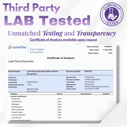 Certificate of Analysis for Leah Rose Essentials Saffron Extract with Eurofins logo and 'Clinically Tested' badge.