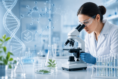 Scientist analyzing plant-based compounds under a microscope in a modern laboratory, representing science-backed supplement development, clinical research, and natural ingredients used in mushroom and saffron dietary supplements for mood, focus, and overall wellness.