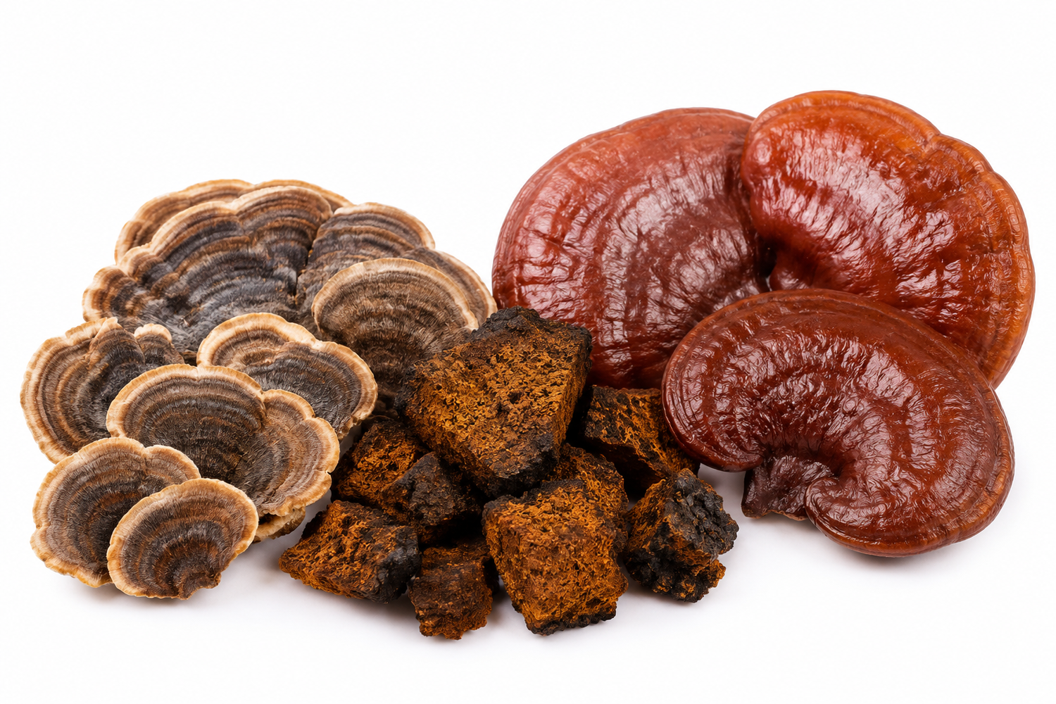 Turkey Tail, Chaga, and Reishi mushrooms isolated on a white background, medicinal mushrooms commonly used in mushroom complex supplements for immune support, antioxidant protection, and overall wellness.