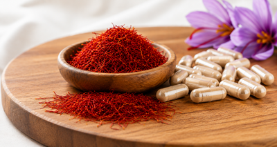 Saffron threads in a wooden bowl with saffron capsules on a wooden board, accompanied by a saffron flower.