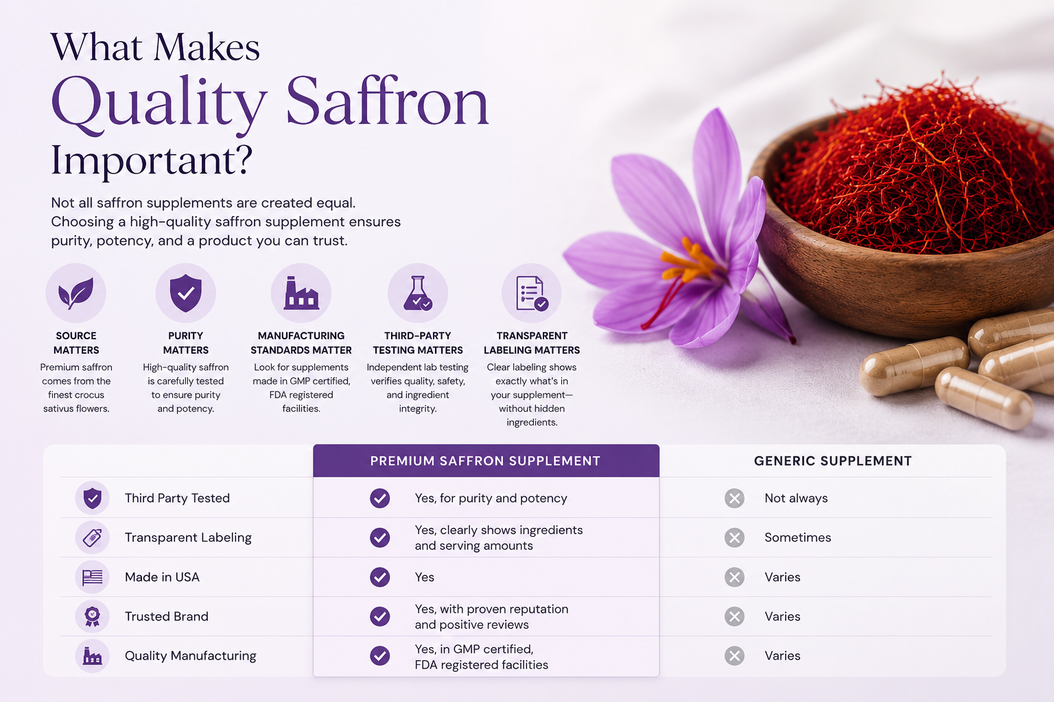 Saffron with a purple flower and capsules on a white background, featuring text about quality saffron.