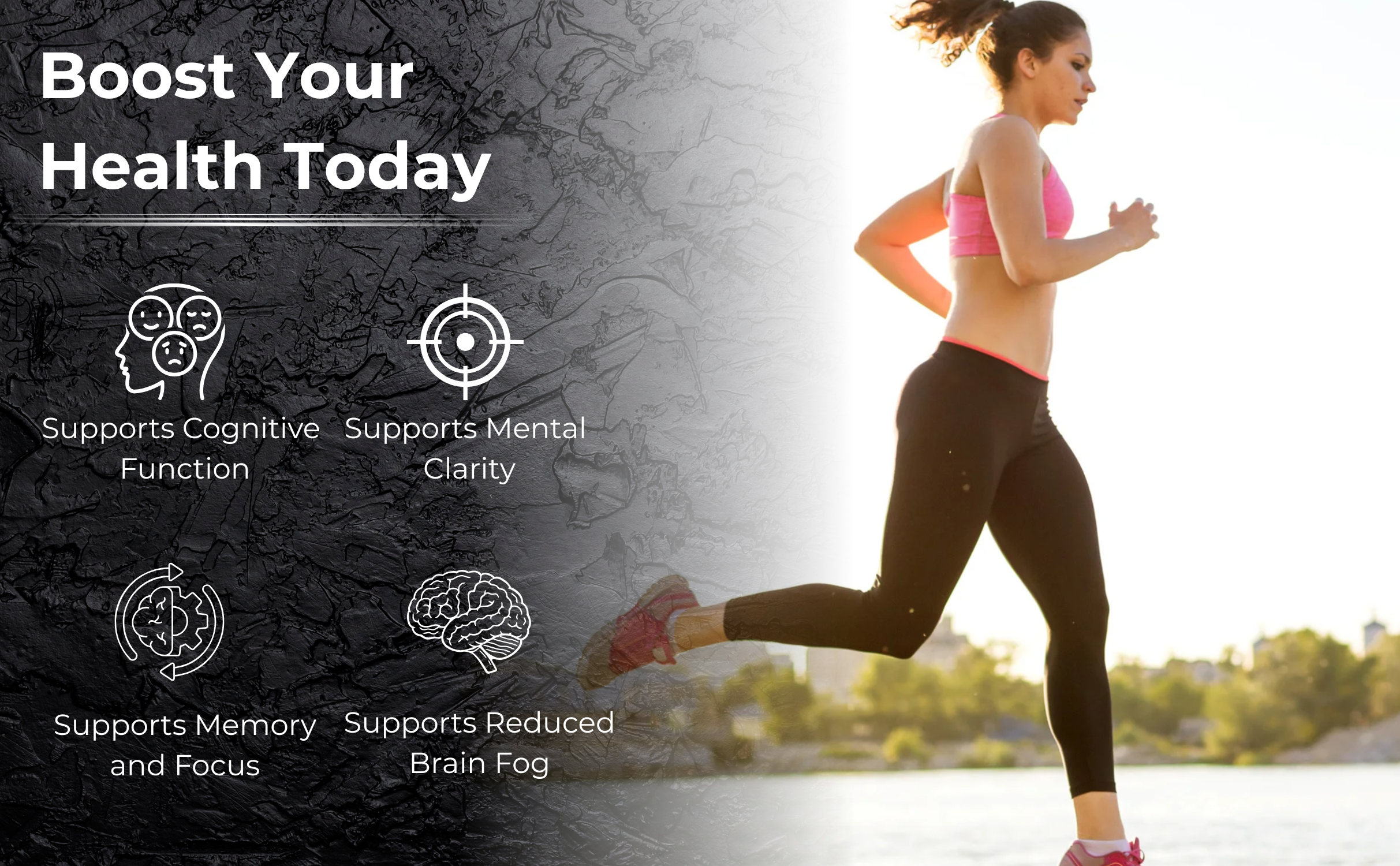 Woman running with health benefits text overlay on a natural background. Leah Rose Essentials Mushroom complex supports cognitive functions and brain health