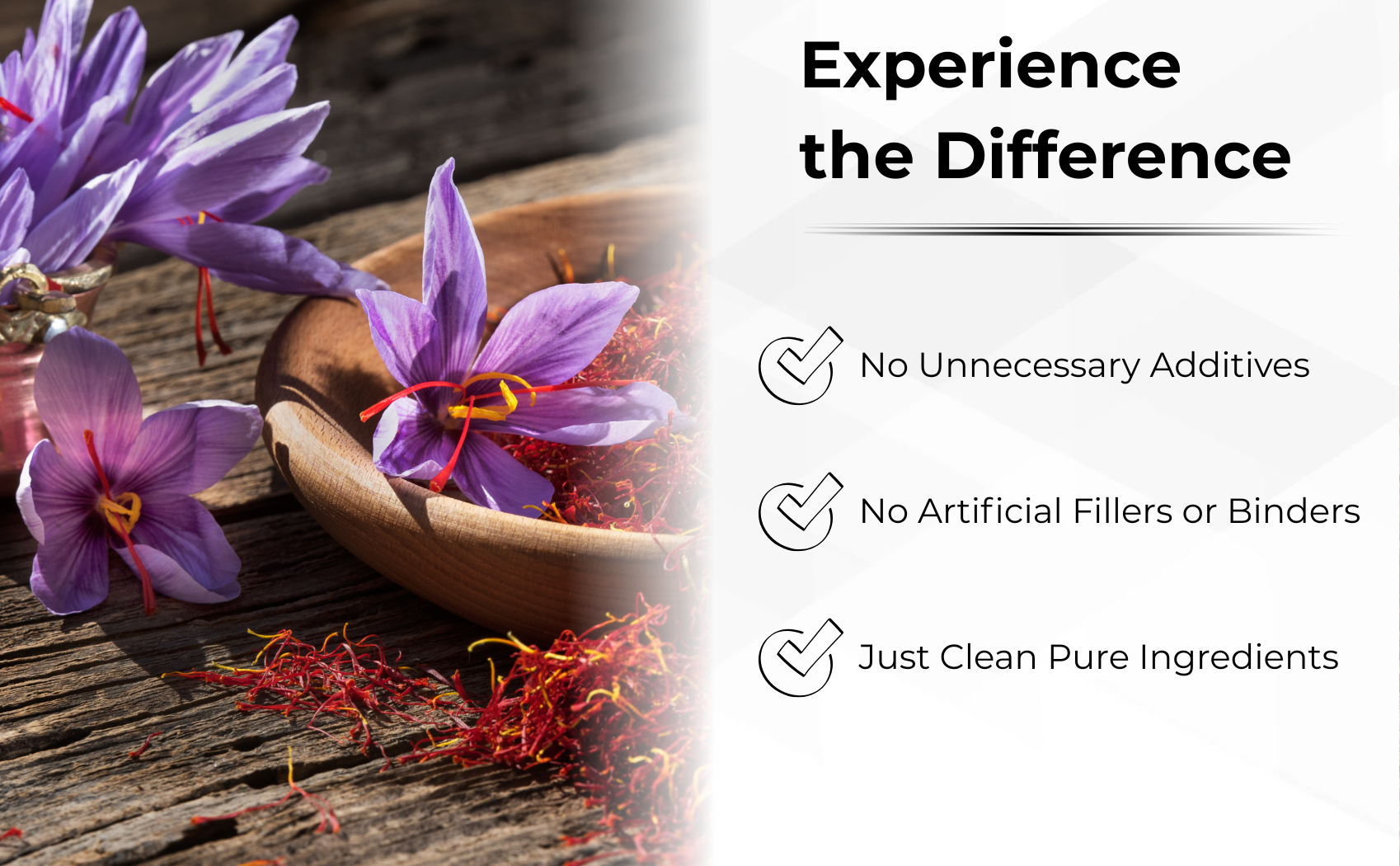 Saffron threads in a wooden bowl with saffron flowers on a wooden surface, accompanied by text about clean pure ingredients.